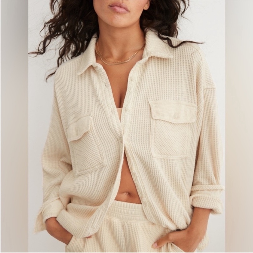 Cream ”Lumberjane” Waffle Knit Button-Up Shirt